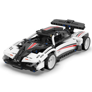 Toy car model built from interlocking bricks on a white background