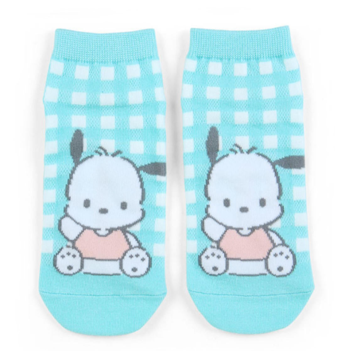 Pair of socks with cartoon character on a checkered background