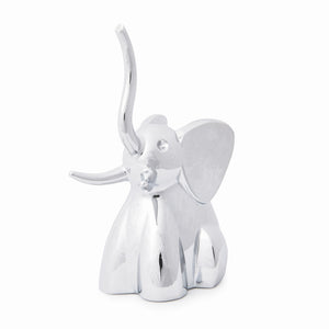 Umbra Zoola Ring Holder in a playful chrome-plated elephant design for stylish jewelry storage.