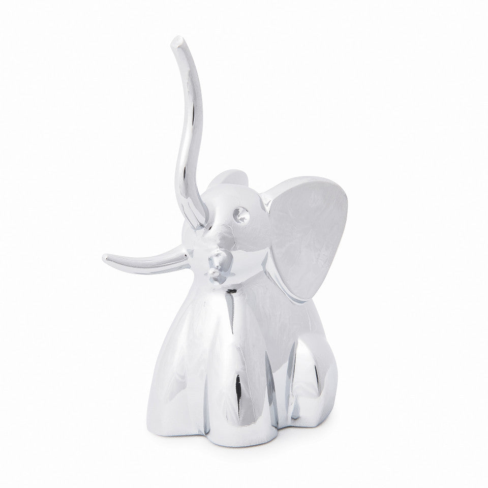 Umbra Zoola Ring Holder in a playful chrome-plated elephant design for stylish jewelry storage.