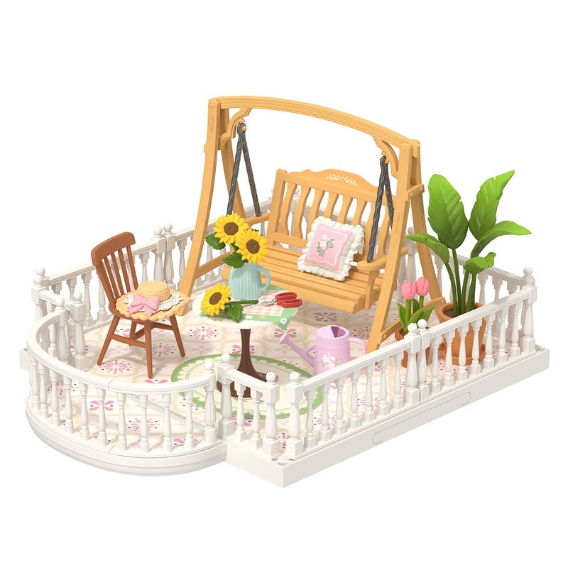 Rolife Super Creator Extension Pack - Sunny Break Terrace with swing, sunflowers, and decorative plants.