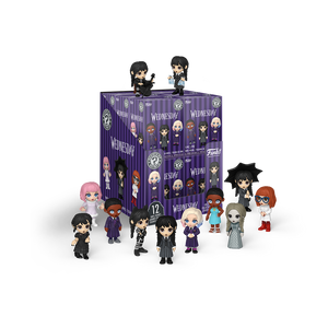 Collection of 'Wednesday' themed figurines in front of a purple box with character illustrations.