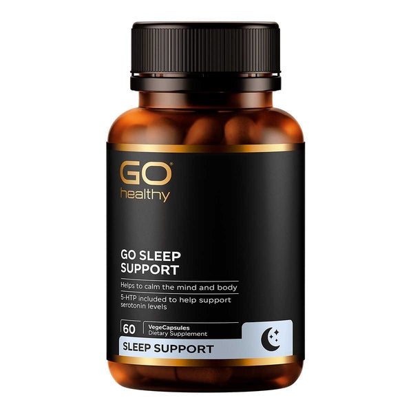 Bottle of GO Sleep Support supplement with a black label on a white background