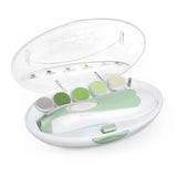 White and green electronic device with various components on a white background