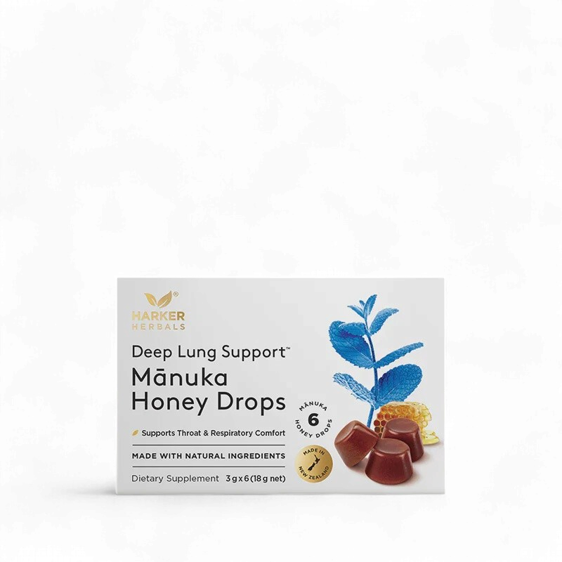 Box of Deep Lung Support Manuka Honey Drops with a white background