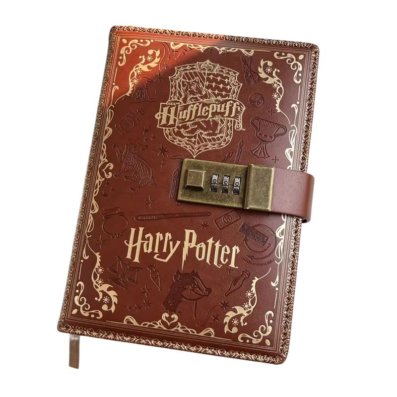 Brown notebook with 'Hufflepuff' and 'Harry Potter' branding, featuring a lock on a white background.