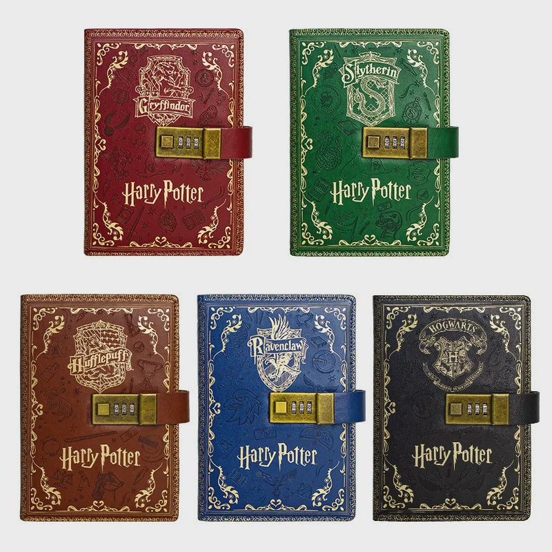 Set of Harry Potter-themed notebooks with different house colors on a white background
