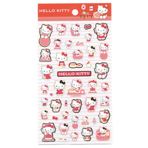 Sheet of Hello Kitty stickers with various poses on a white background