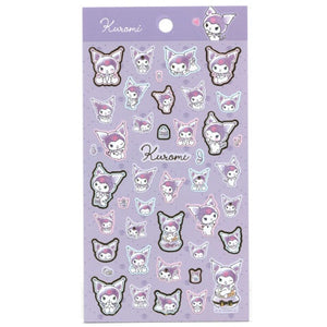 Sheet of Kuromi stickers with various designs on a purple background