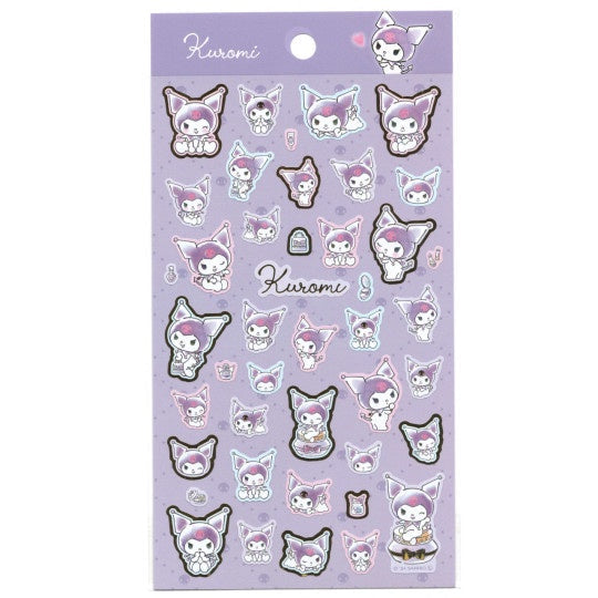 Sheet of Kuromi stickers with various designs on a purple background