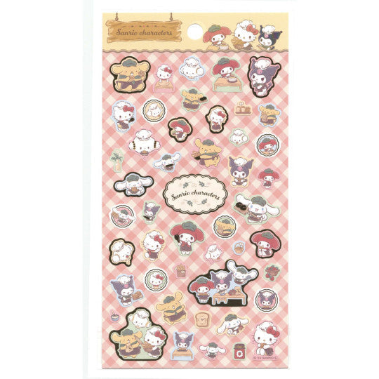 Sheet of cartoon character stickers with a pink checkered background