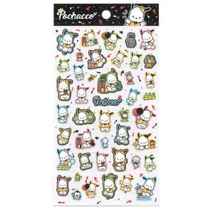 Sheet of Pochacco stickers with various poses and accessories on a white background.
