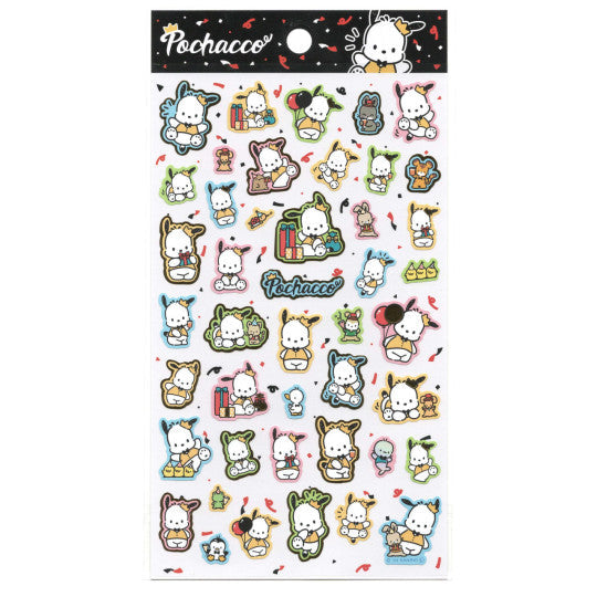 Sheet of Pochacco stickers with various poses and accessories on a white background.