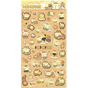 Sheet of Pompompurin stickers with various designs on a beige background