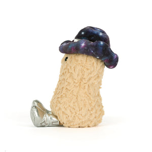 Toy figure of a character with a galaxy-patterned helmet and silver shoes on a white background