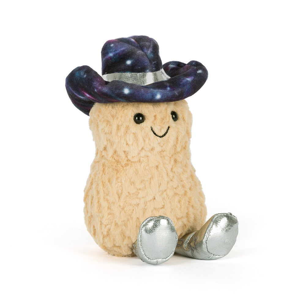 Stuffed toy with a galaxy-patterned hat and silver shoes on a white background