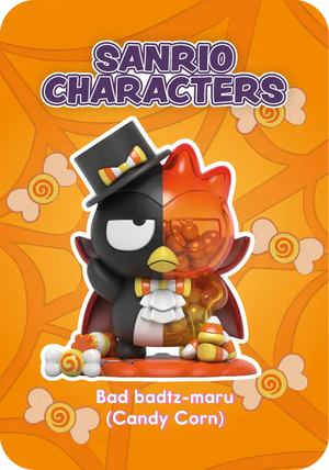 Sanrio character Badtz-Maru in candy corn costume on an orange background with 'Sanrio Characters' text.