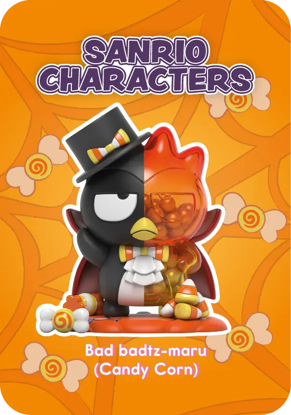 Sanrio character Badtz-Maru in candy corn costume on an orange background with 'Sanrio Characters' text.