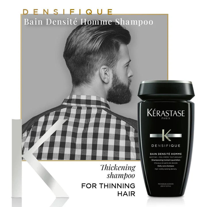 Kérastase Densifique shampoo bottle with a man looking over his shoulder in a checkered shirt.