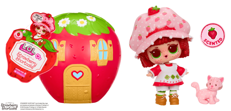 Lol Surprise Strawberry Shortcake doll with strawberry-shaped house and pink piggy bank on a white background
