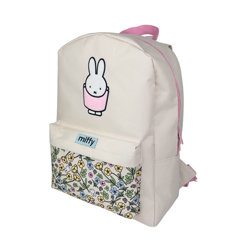 Backpack with cartoon character and floral pattern on a white background