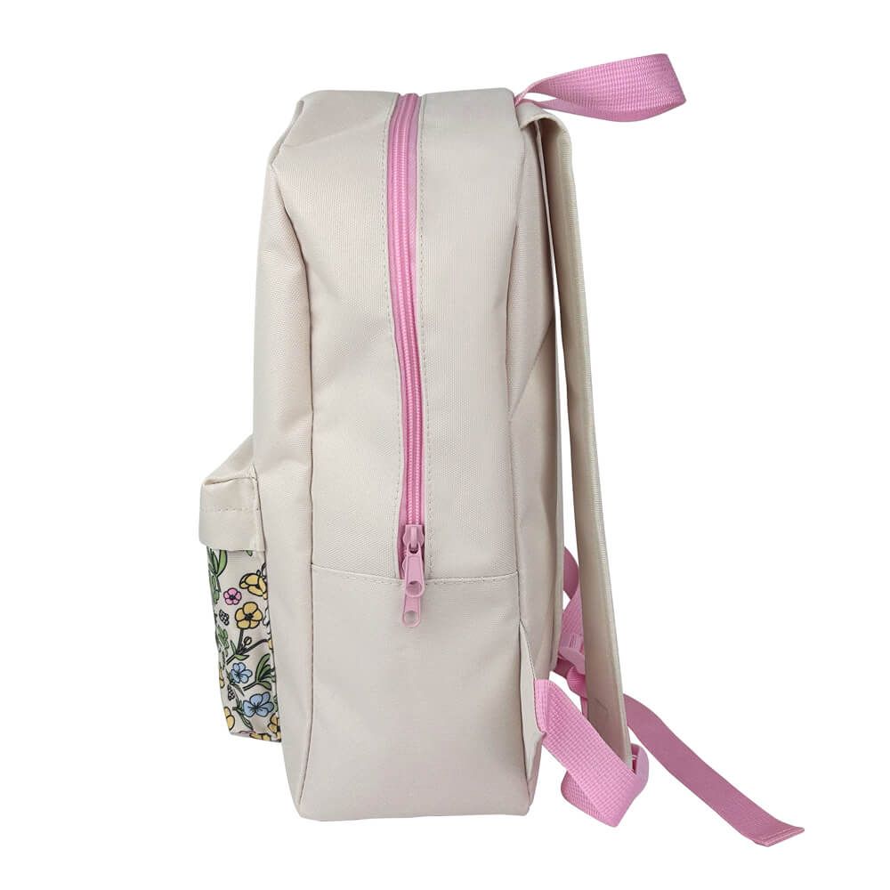 Beige backpack with pink zipper and straps on a white background