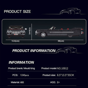 Product size and information display for a toy car model with dimensions and branding details.