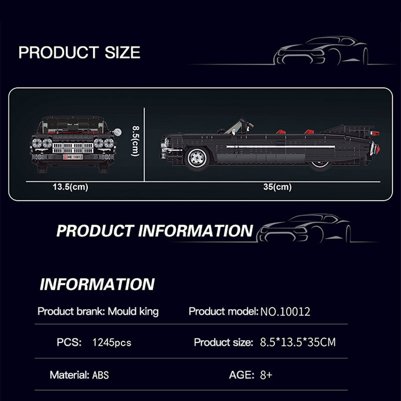 Product size and information display for a toy car model with dimensions and branding details.