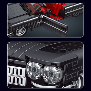 Close-up of a model car with detailed components on a black background