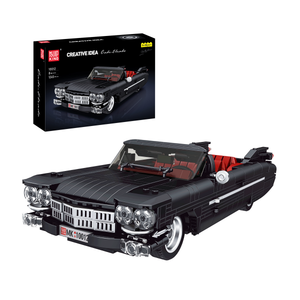 Black convertible car model made of building blocks with packaging in the background