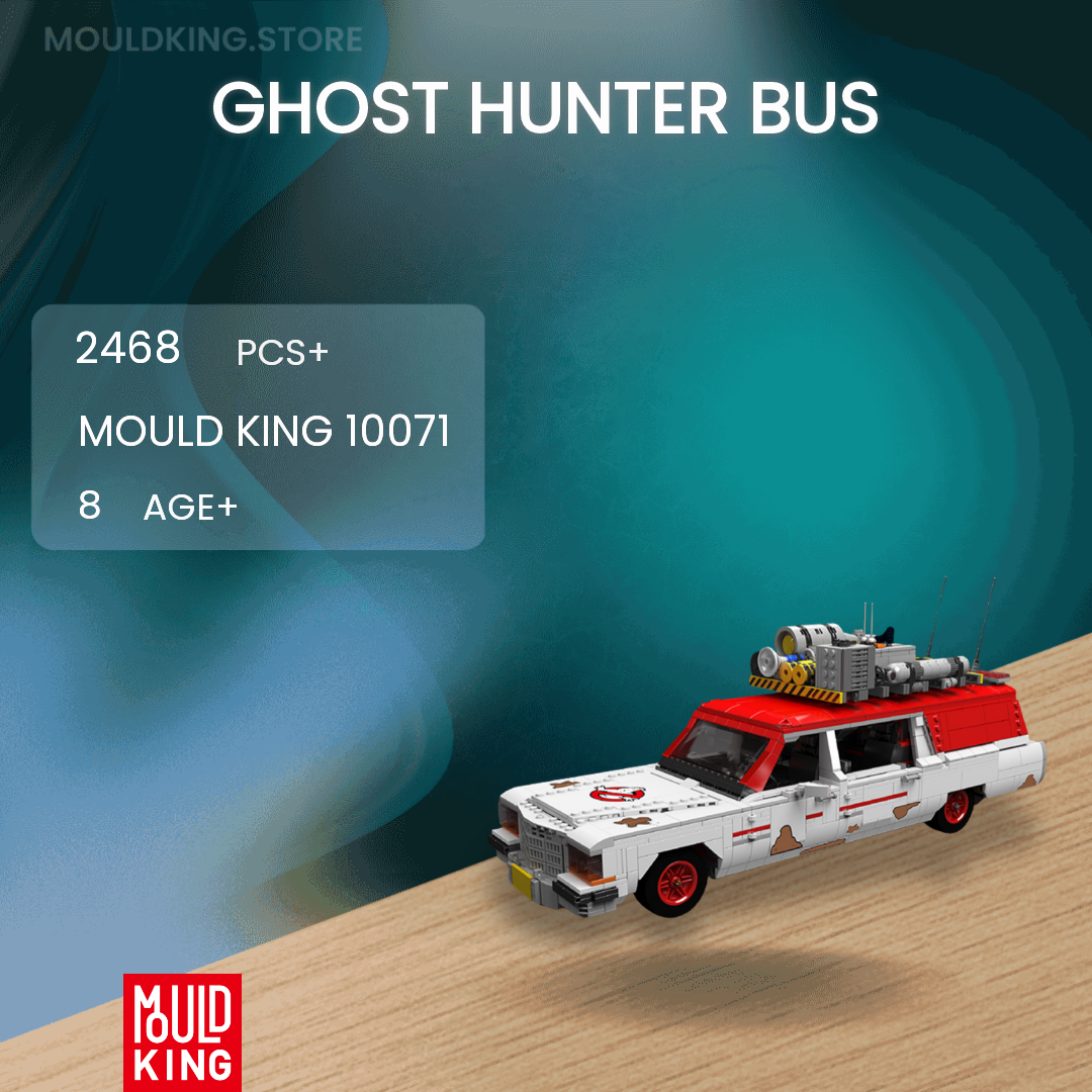 Toy bus labeled 'Ghost Hunter Bus' by Mould King on a blue and brown gradient background.
