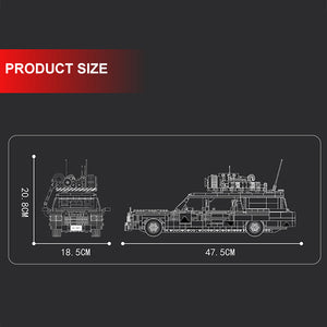 Technical drawing of a model vehicle with dimensions on a black background
