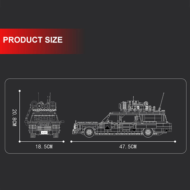 Technical drawing of a model vehicle with dimensions on a black background