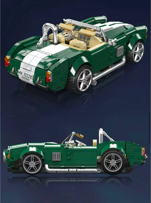 Green convertible car model made of interlocking bricks on a dark blue background