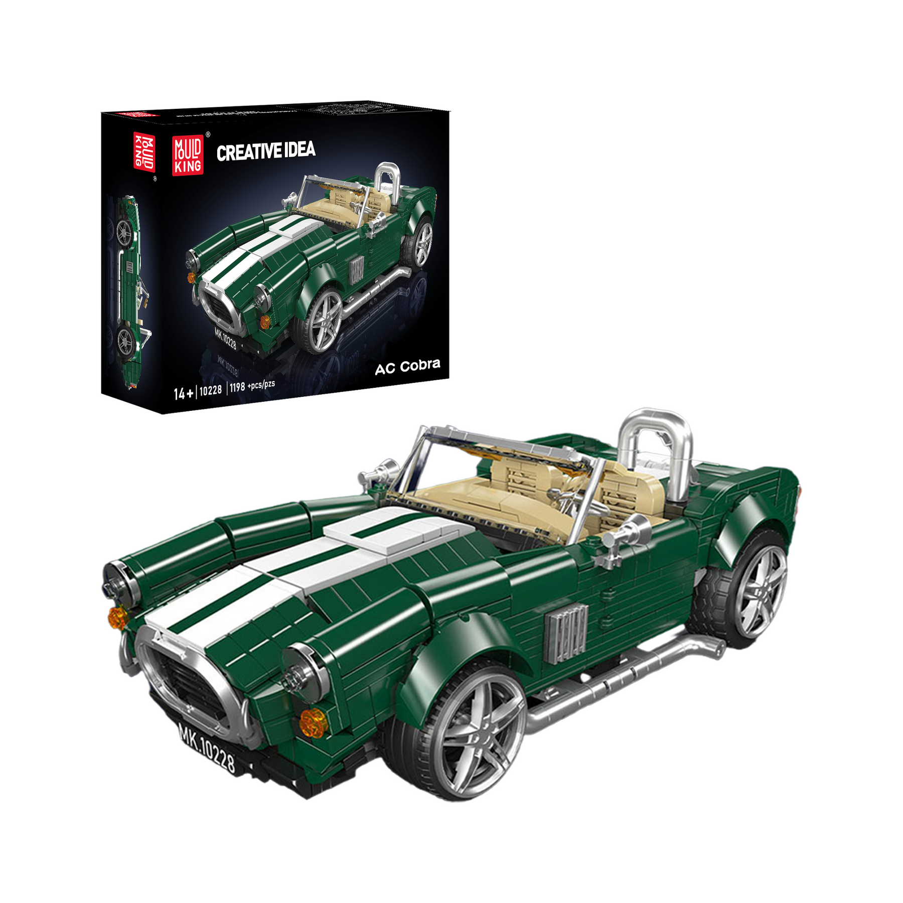 Green convertible car model made of building blocks with packaging in the background