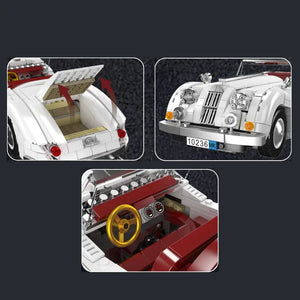 Collage of a detailed model car with open trunk, front view, and interior.