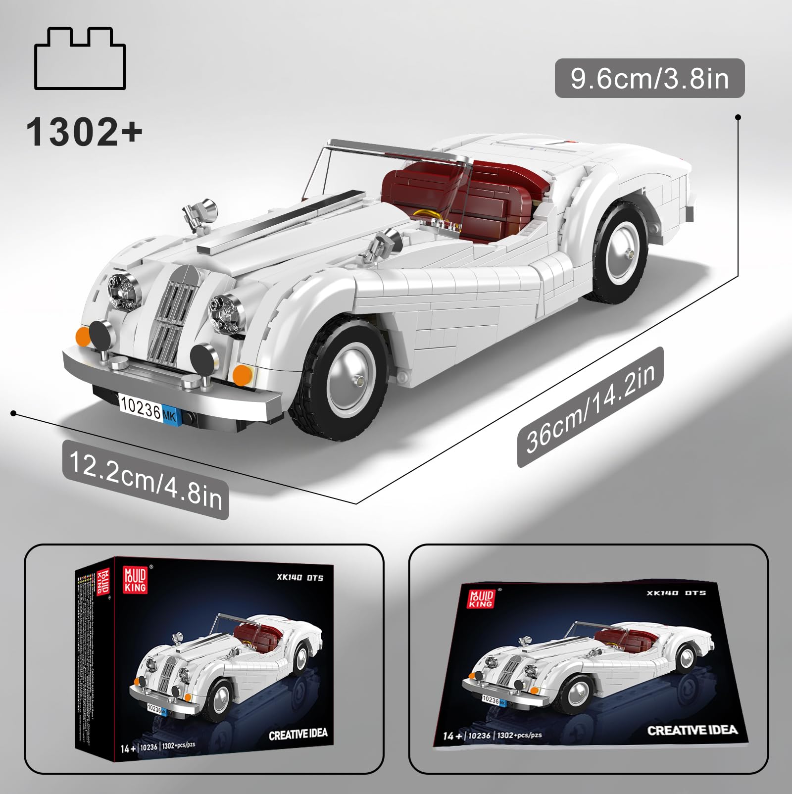 White vintage car model made of building blocks with dimensions and packaging displayed.