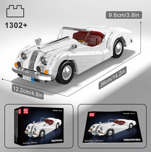 White vintage car model made of building blocks with dimensions and packaging displayed.