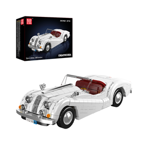Model car made of interlocking bricks with packaging in the background