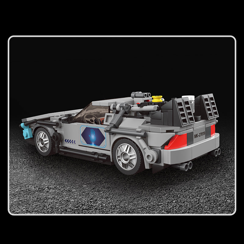 Toy car model made of interlocking bricks on a dark textured surface