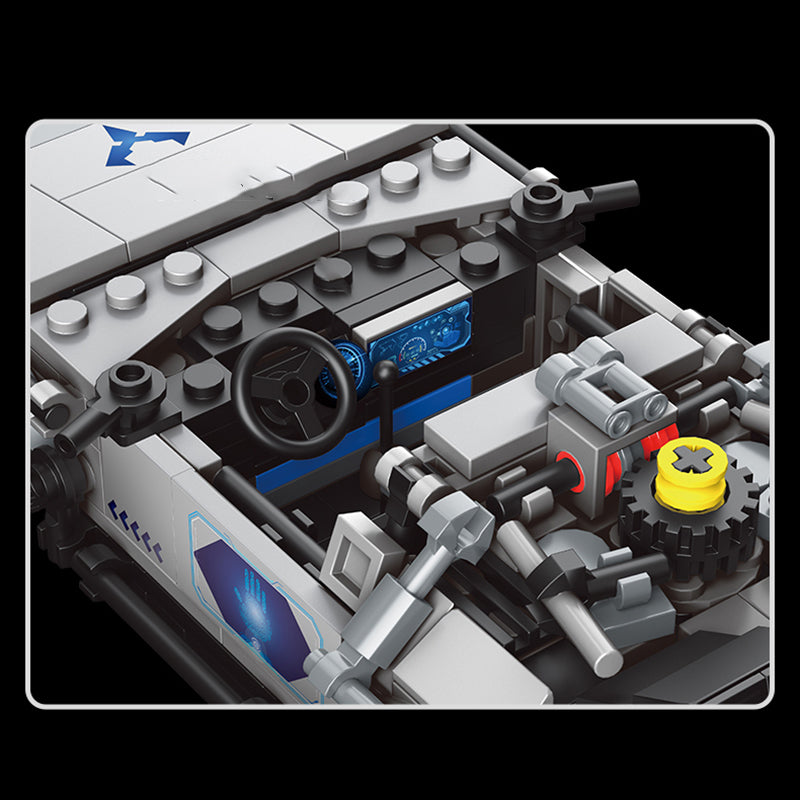 Close-up of a detailed model built with interlocking bricks on a black background