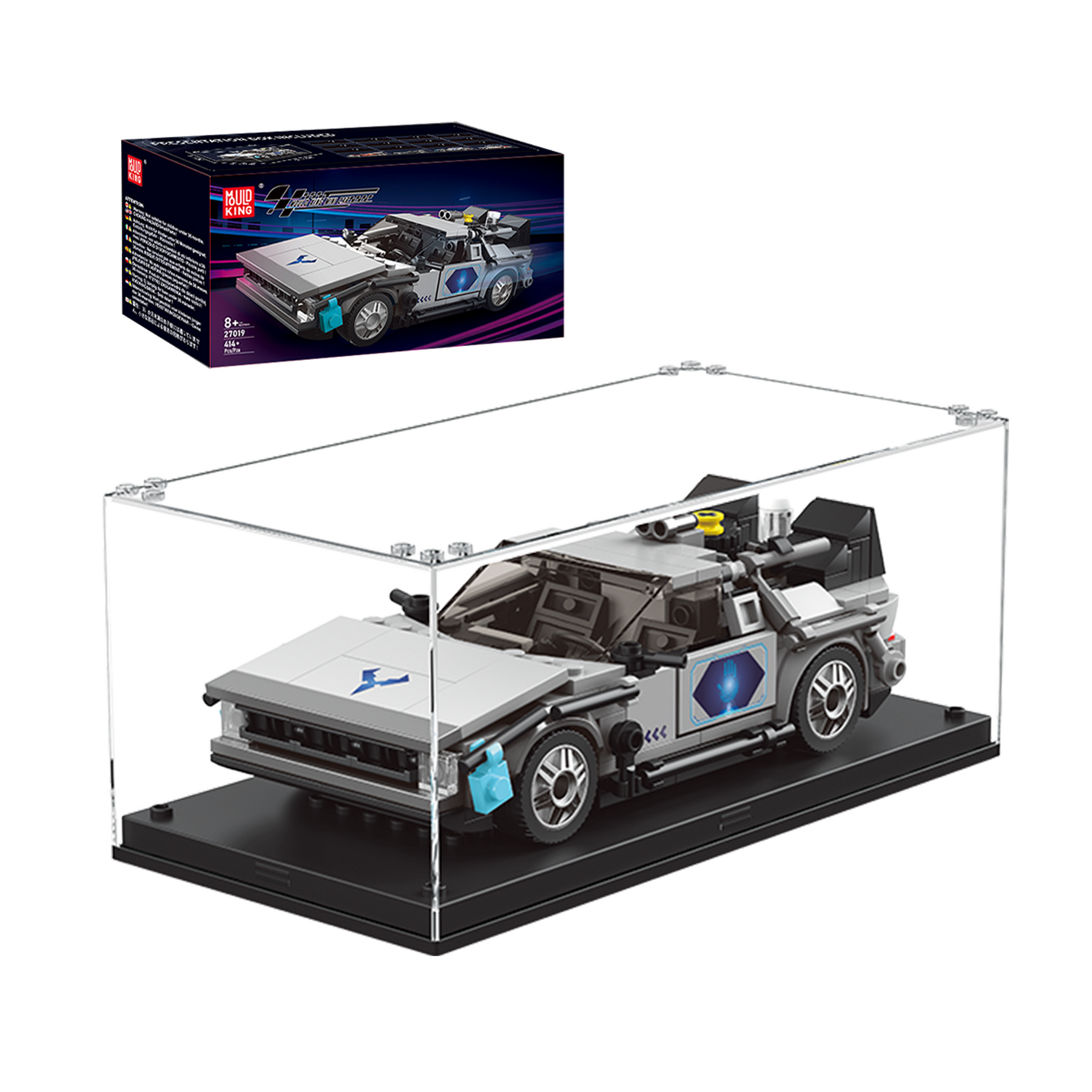 Model car in display case with packaging in the background
