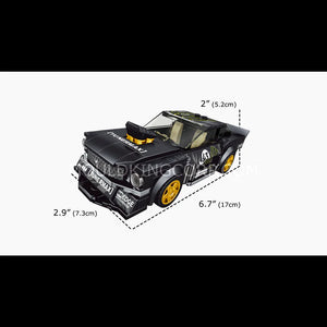 Toy car model with dimensions indicated on a white background