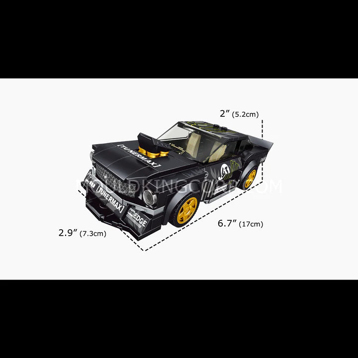 Toy car model with dimensions indicated on a white background