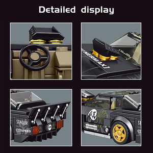 Detailed display of a toy car model with various components and branding.