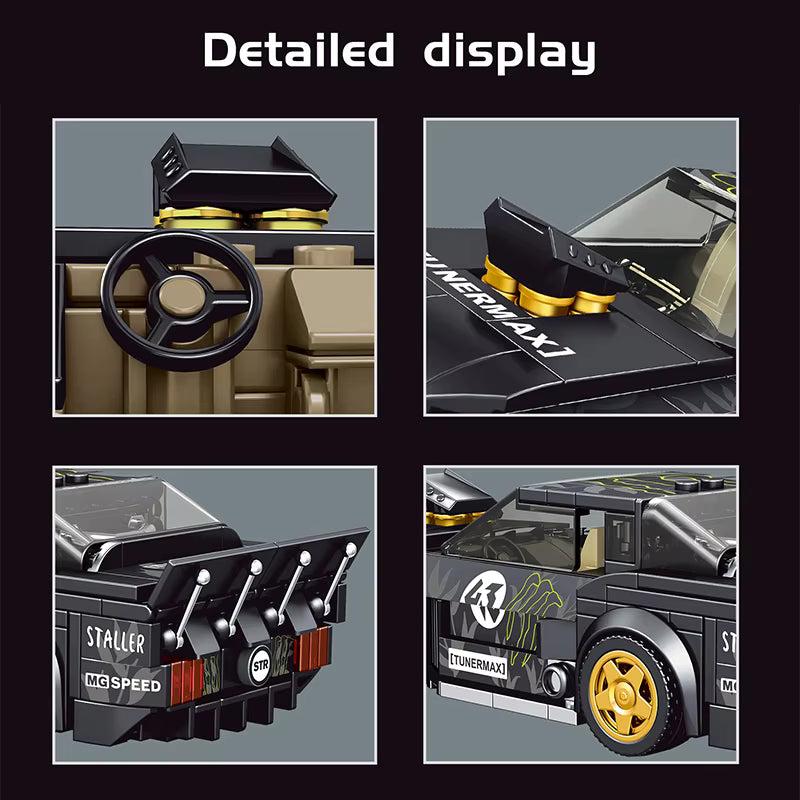 Detailed display of a toy car model with various components and branding.
