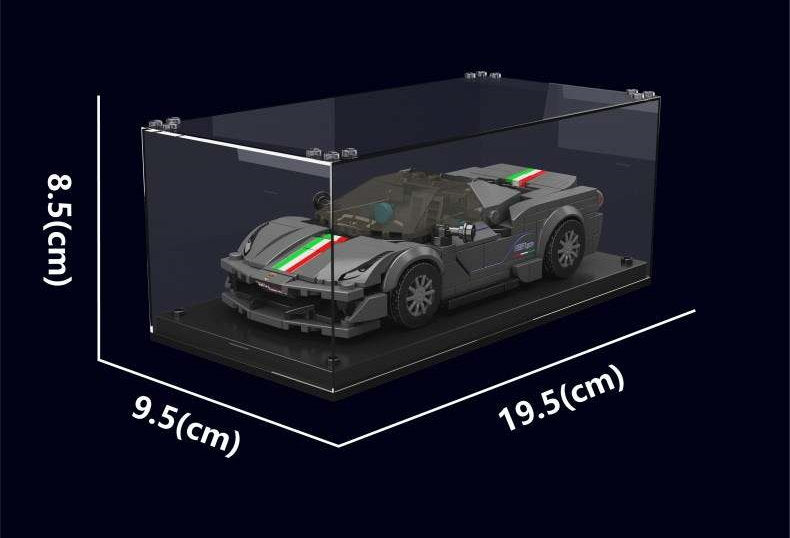 Model car in a clear display case with dimensions indicated on a black background