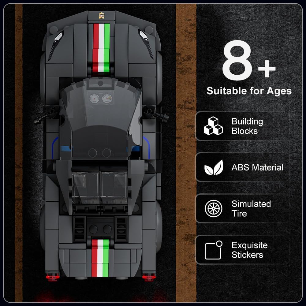 Toy car model with Italian flag design on a dark background, suitable for ages 8 and up.