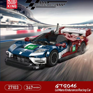 Model racing car with 'Mould King' branding on a race track background