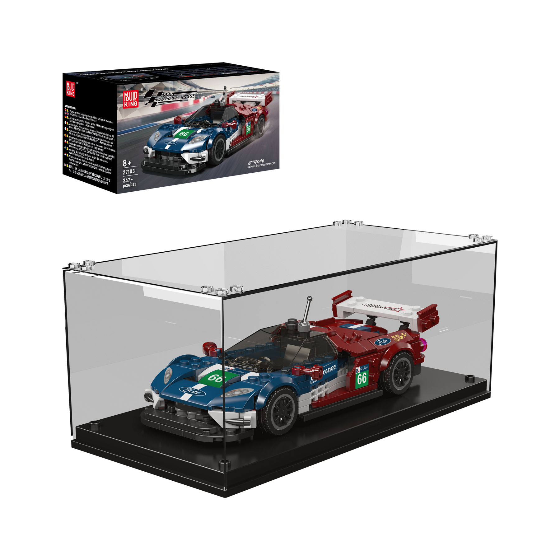 Model racing car in a clear display case with packaging in the background